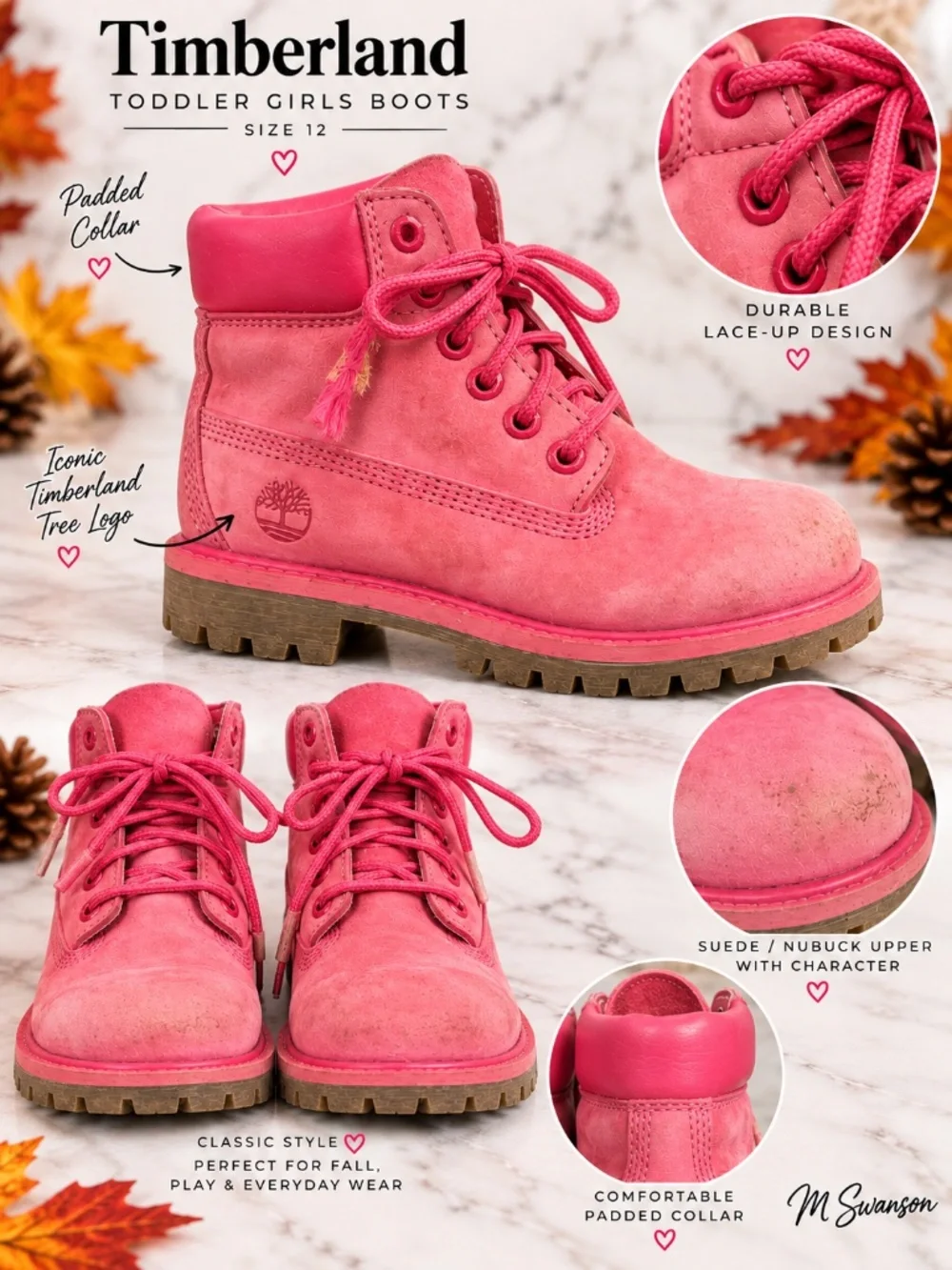 Timberland Girls Pink Suede Nubuck Lace-Up Boots Size 12 Toddler
